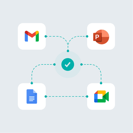 Gmail, PowerPoint, Google Docs, and Meet coordinated through a central automation hub